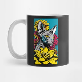 Sphynx Cat Vibrant Tropical Flower Tall Retro Vintage Digital Pop Art Portrait 3 Mug